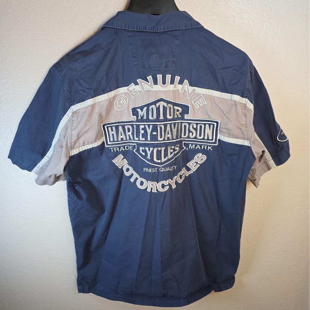 Harley-Davidson Men's Blue Beige Colorblock Short Sleeve Button-Up Shirt Large